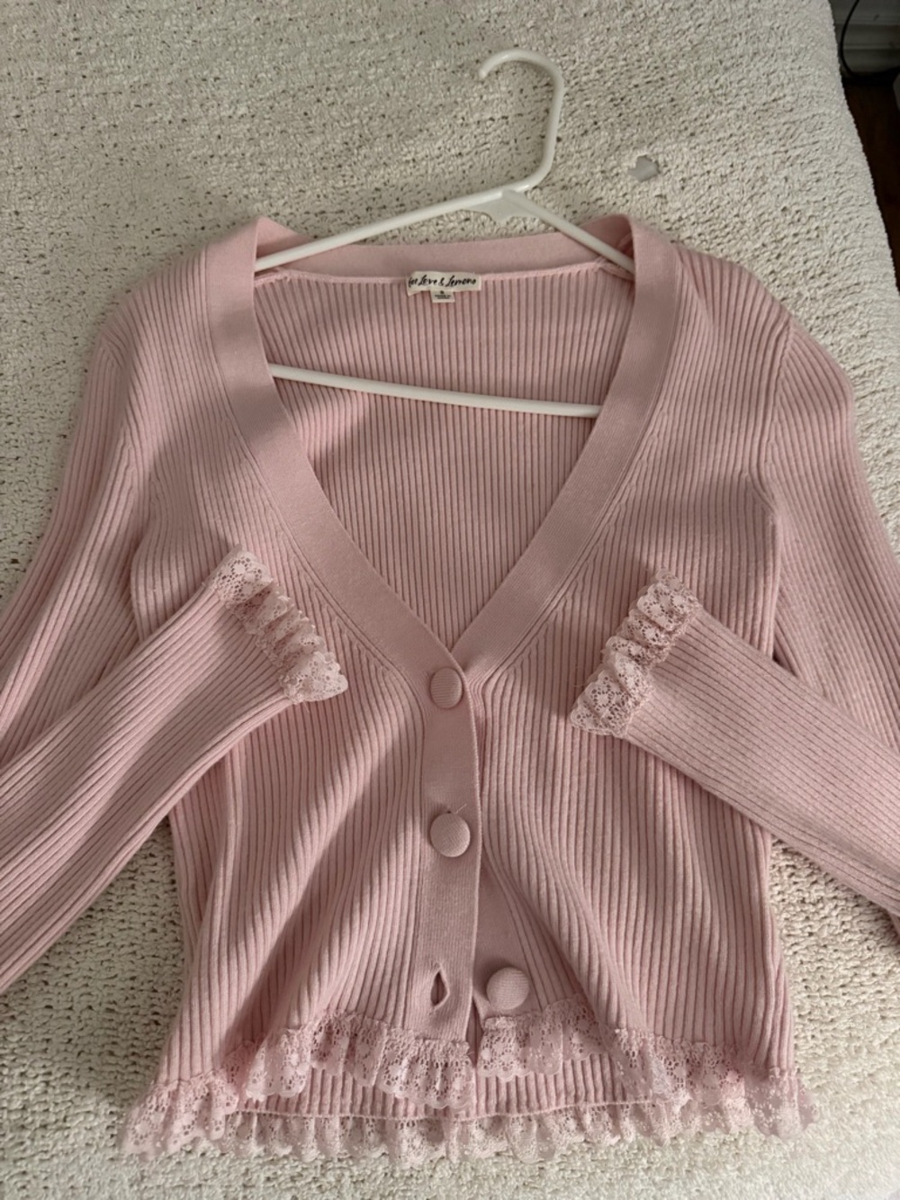 For love and lemons Pink Lace-Trim Ribbed V-Neck Cardigan